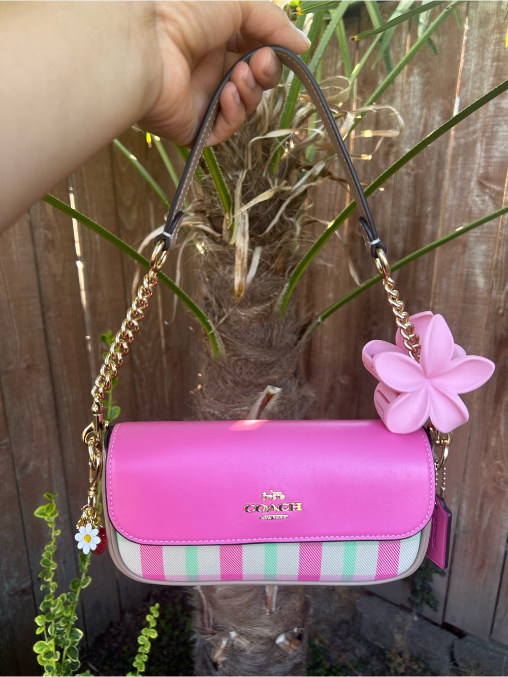 Coach Pink Floral Charm Shoulder Bag with Pastel Stripe